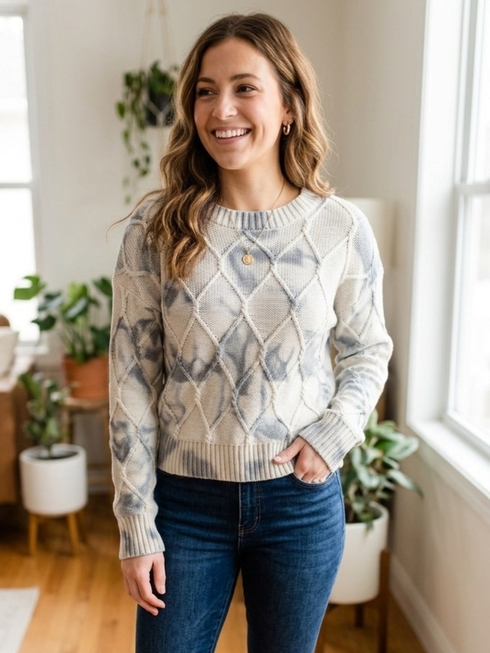 Storia | Cream and Gray Tie Dye Diamond Knit Sweater | Sz S